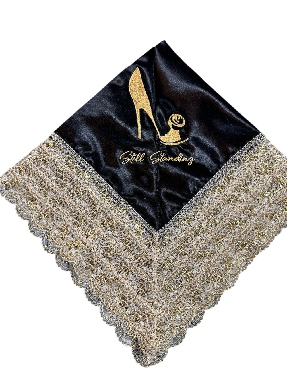 Black Satin Embroidered Church Handkerchief with White and Gold Lace Trim